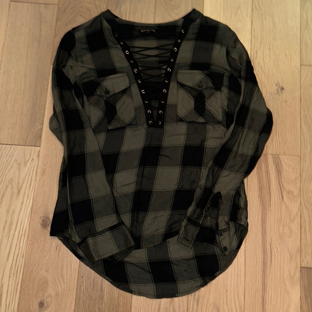 Express plaid top with tie up front/neck